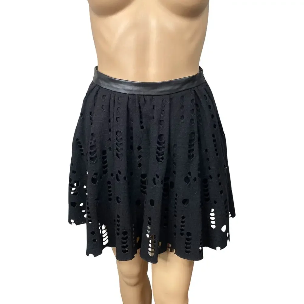 Maje Paris Black Pleated Knit Skirt XS | Laser Cut Perforated Leather Trim Luxe